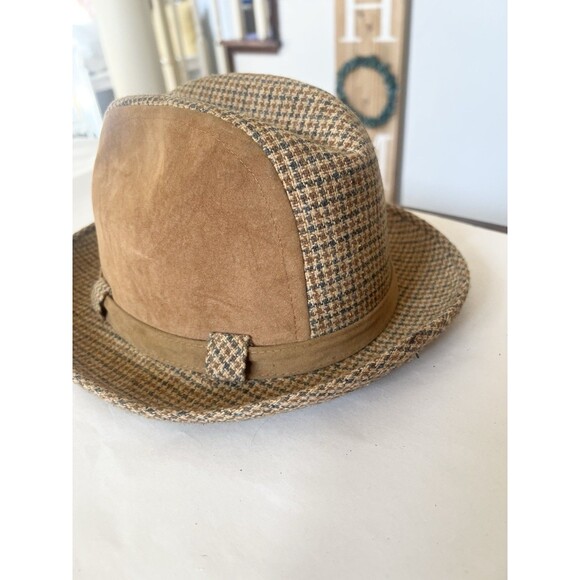 VINTAGE MID CENTURY STEVENS MENS WOOL TWEED & SUEDE FEDORA HAT  6 7/8 S/M 1960s - Picture 3 of 9